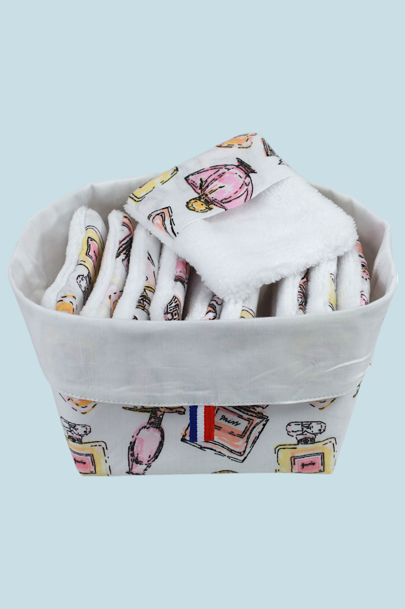 10 lingettes lavables double bambou avec panier motif parfum moonlac