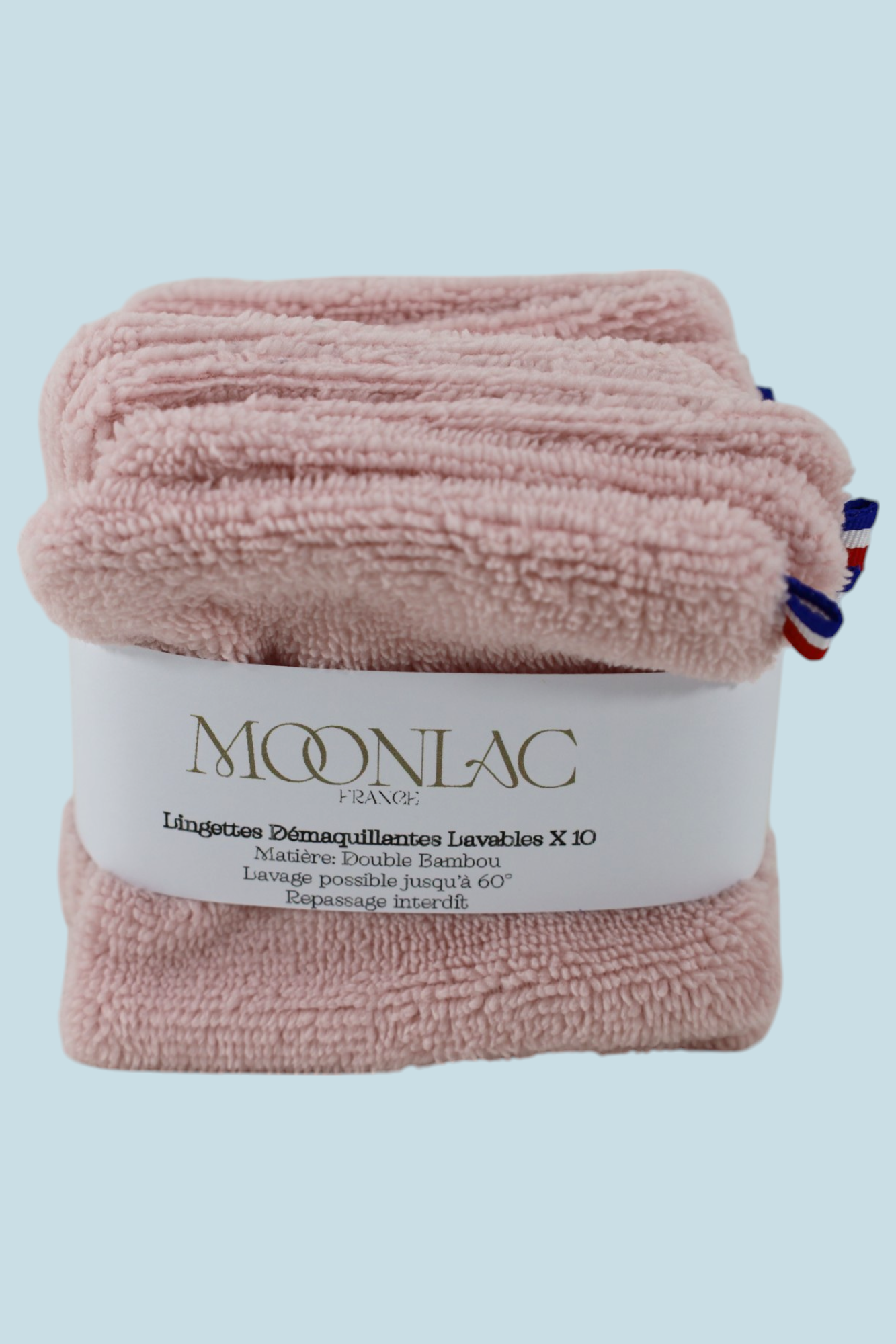 Présentation d'un lot de 10 lingettes lavables rose pour le démaquillage Moonlac