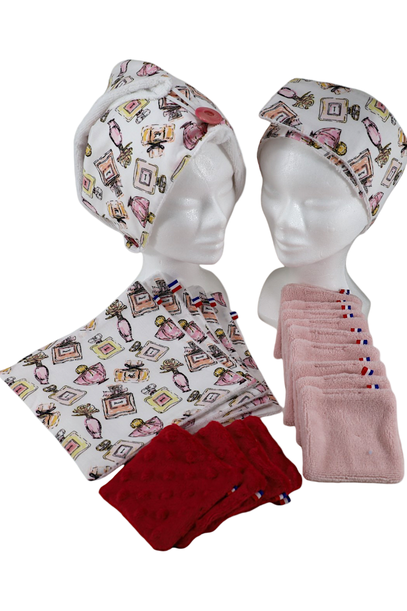 Ensemble beauté avec lingettes lavables, 4 pour le vernis, 10 en double bambou rose, 5 serviettes visage, une serviette pour et cheveux et un bandeau Moonlac