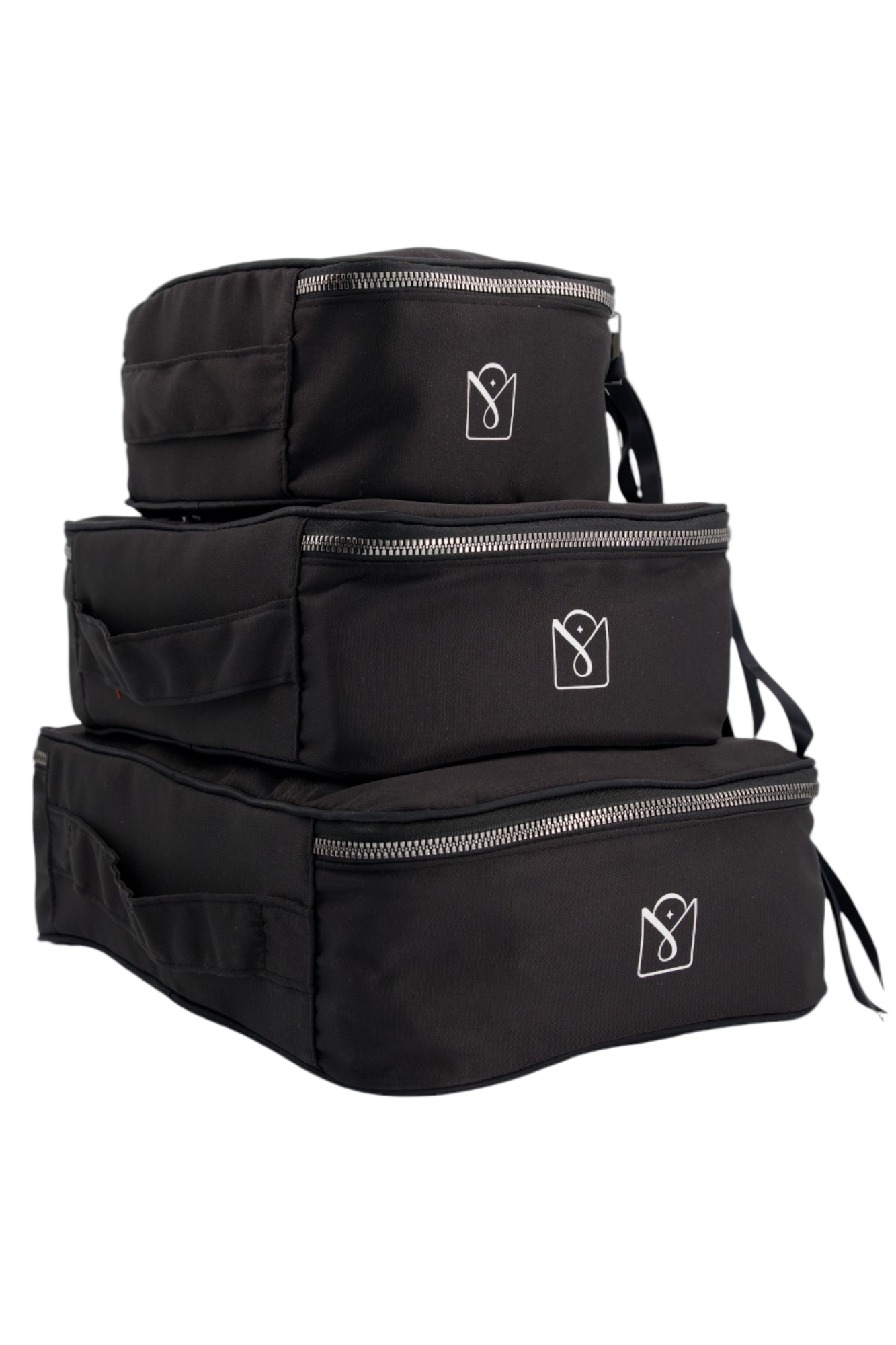 3 organisateurs noirs vue de dos et profil Moonlac pour organisation de la valise cabine