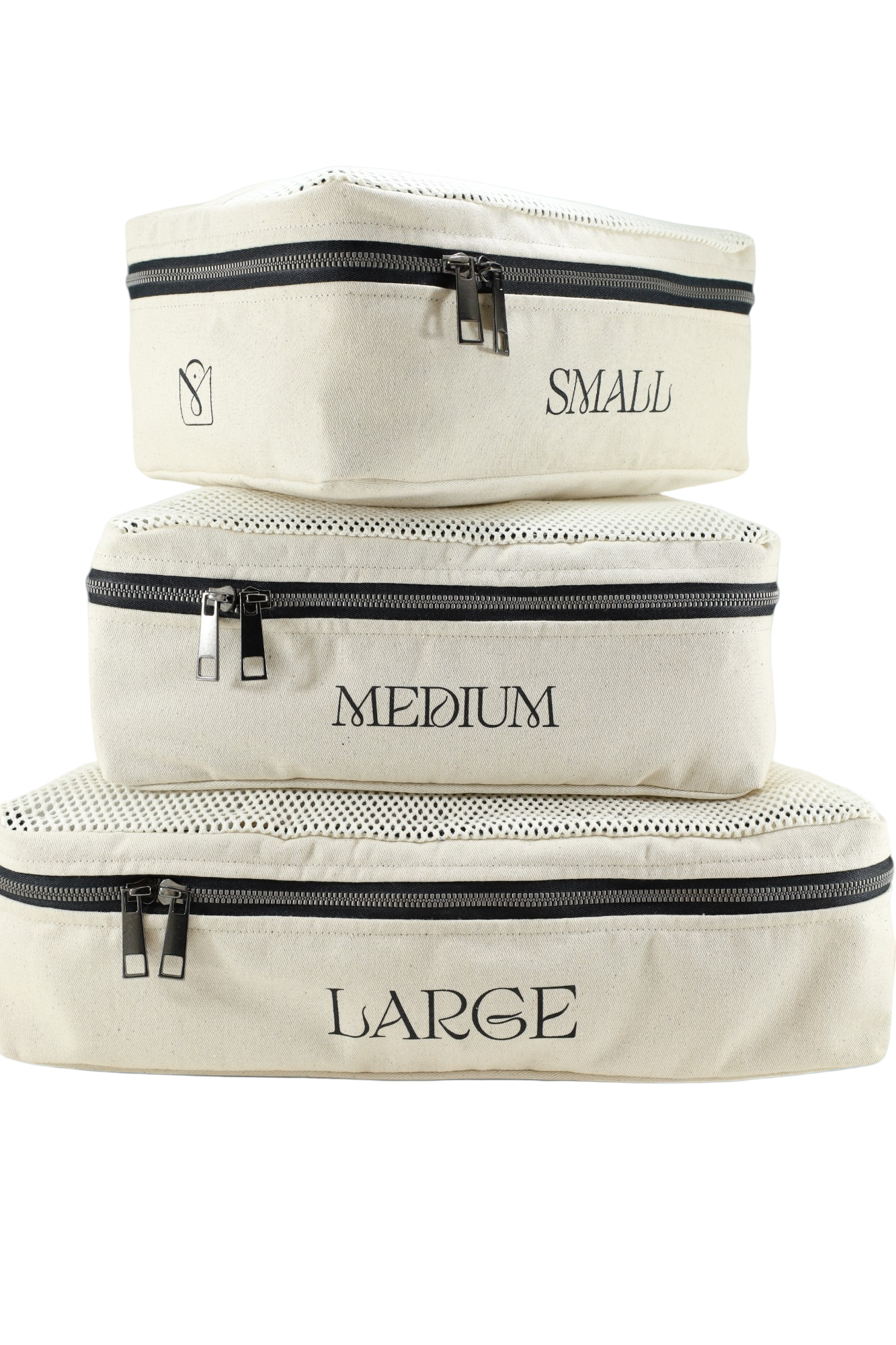 Set de trois organisateurs grand format pour valise. En coton écru moonlac