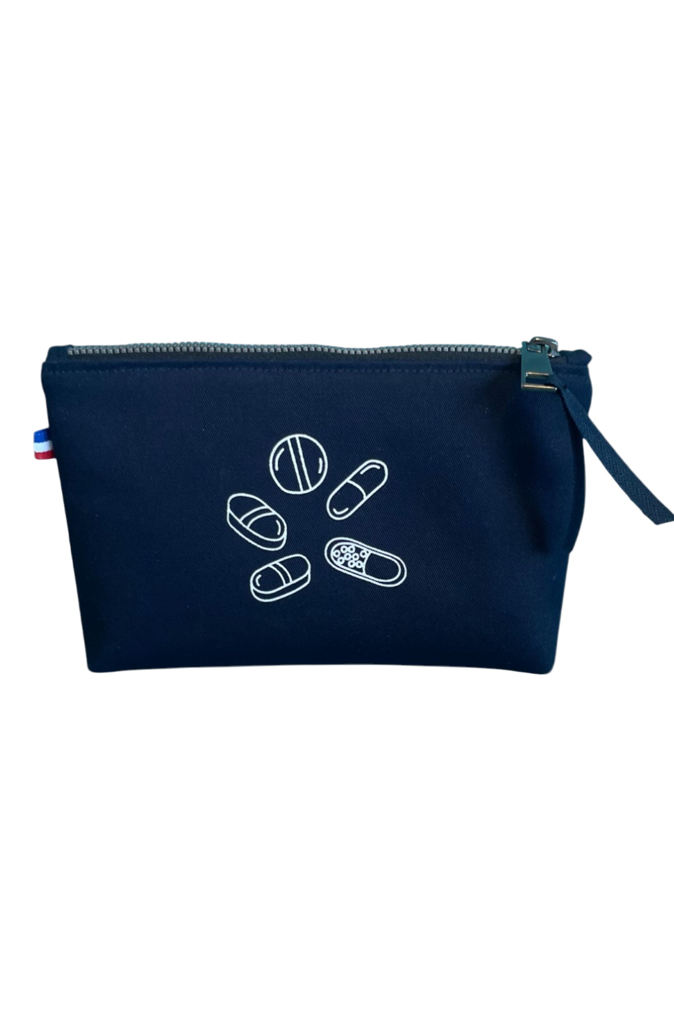 Pochette textile bleu marine Moonlac au format Small, utilisée pour transporter des comprimés, vitamines ou médicaments. Accessoire Made in France compact et élégant, idéal pour sac à main ou valise.