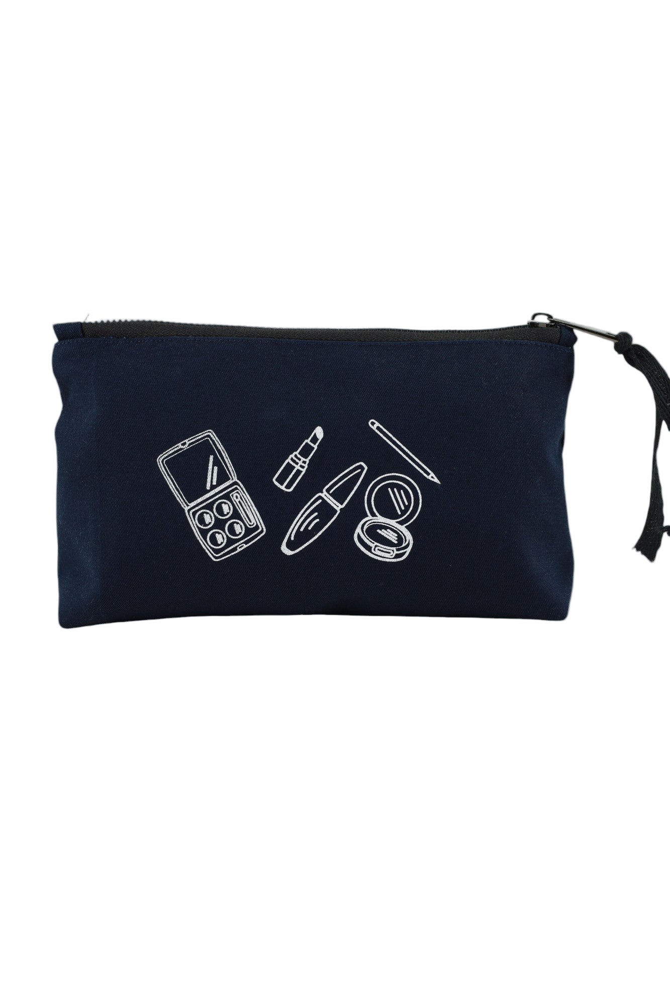 Pochette small maquillage bleue Moonlac avec illustration mascara, rouge à lèvres, fard à paupières