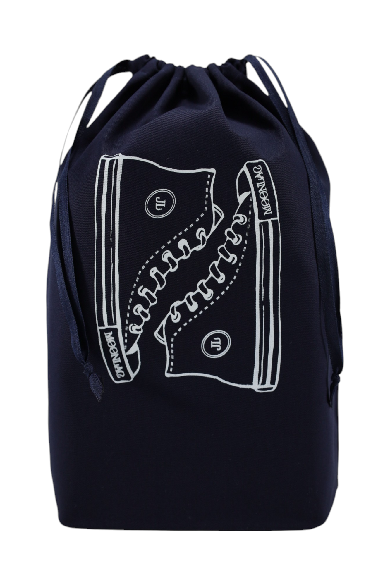 Pochon bleu marine Moonlac avec dessin de baskets type Converse – rangement pratique et stylé pour sneakers en voyage.