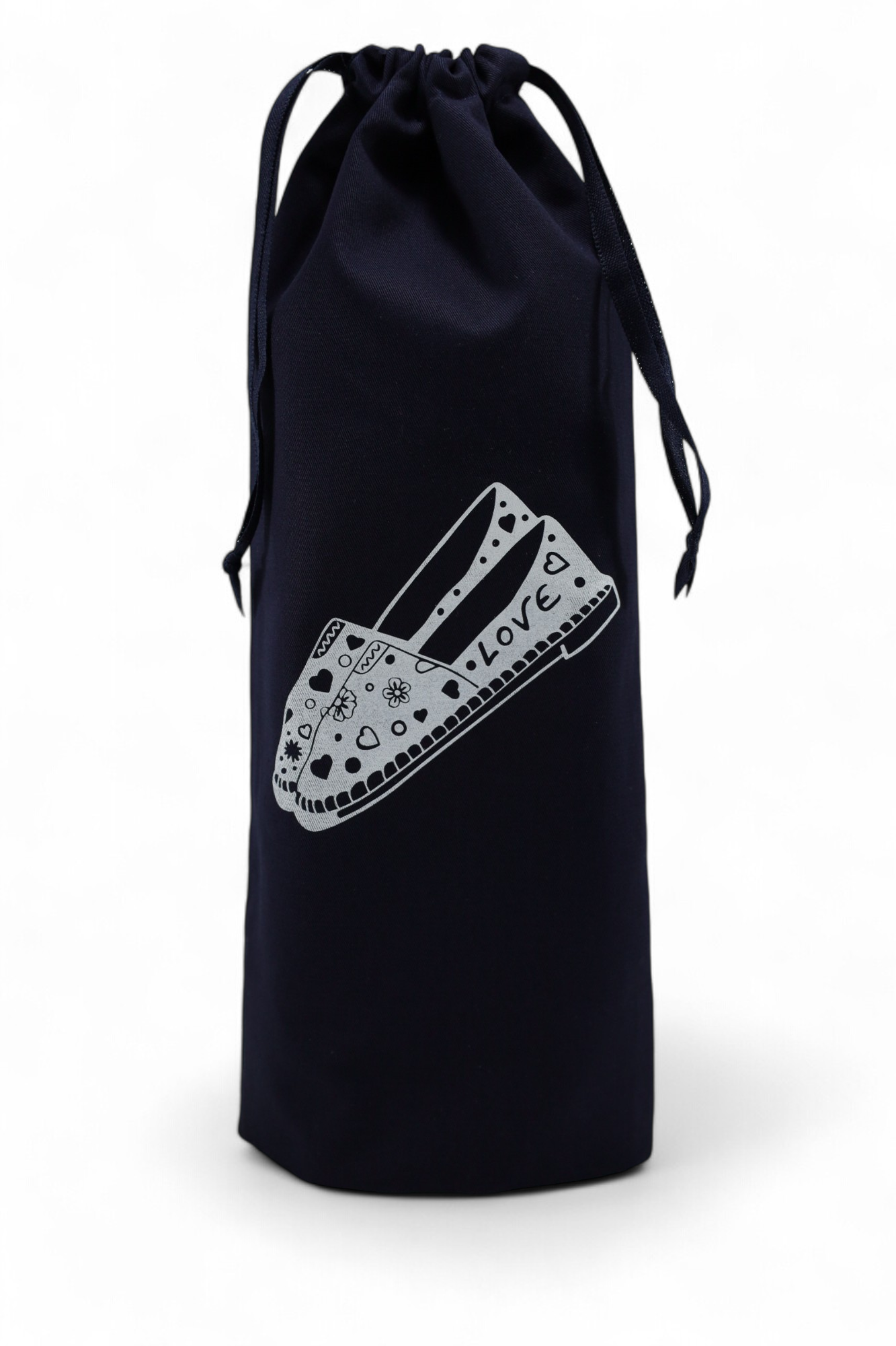 Pochon bleu marine Moonlac avec dessin d’espadrilles – rangement pratique et aéré pour chaussures d’été en toile.