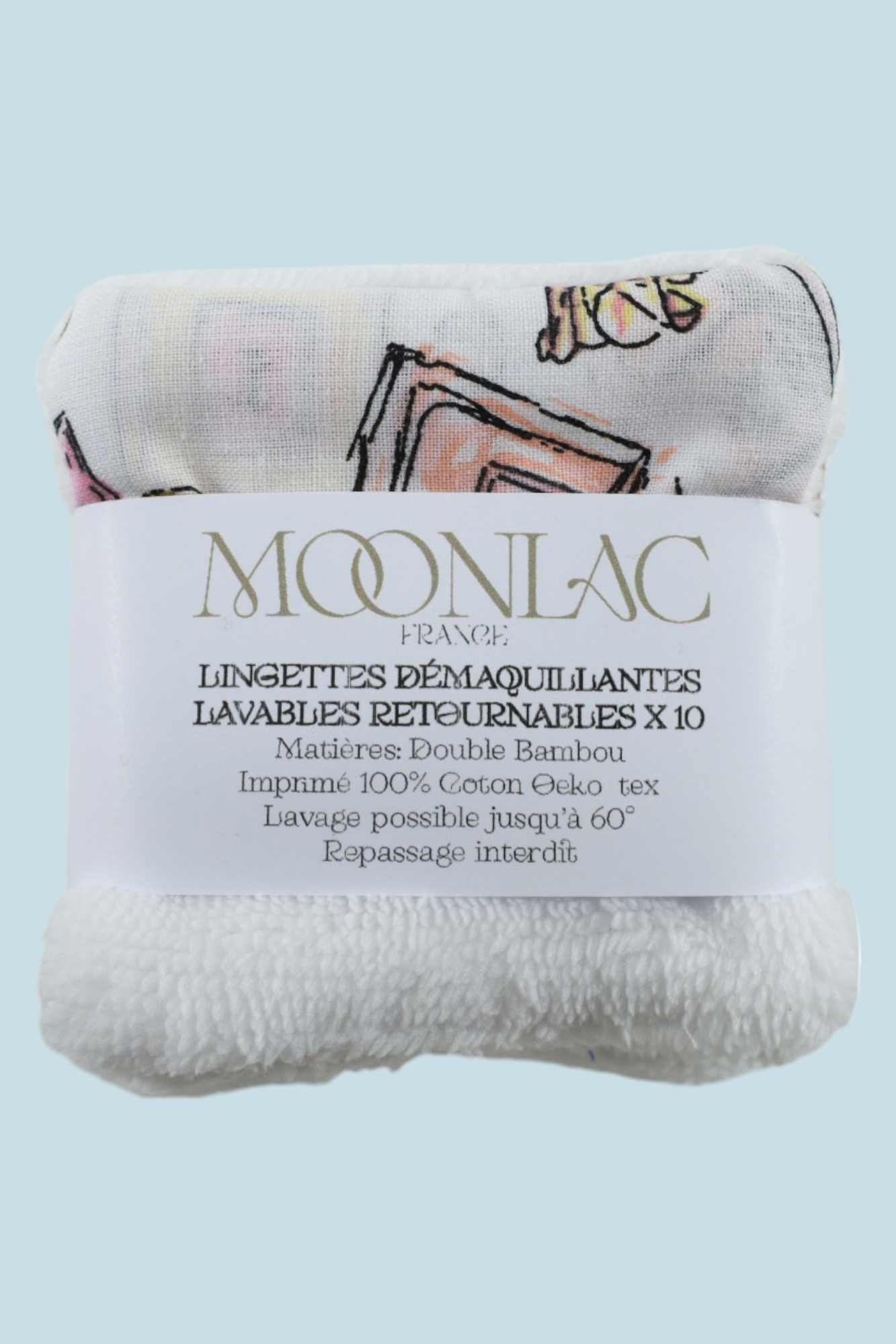 présentation de 10 lingettes double bambou lavables motif parfum moonlac