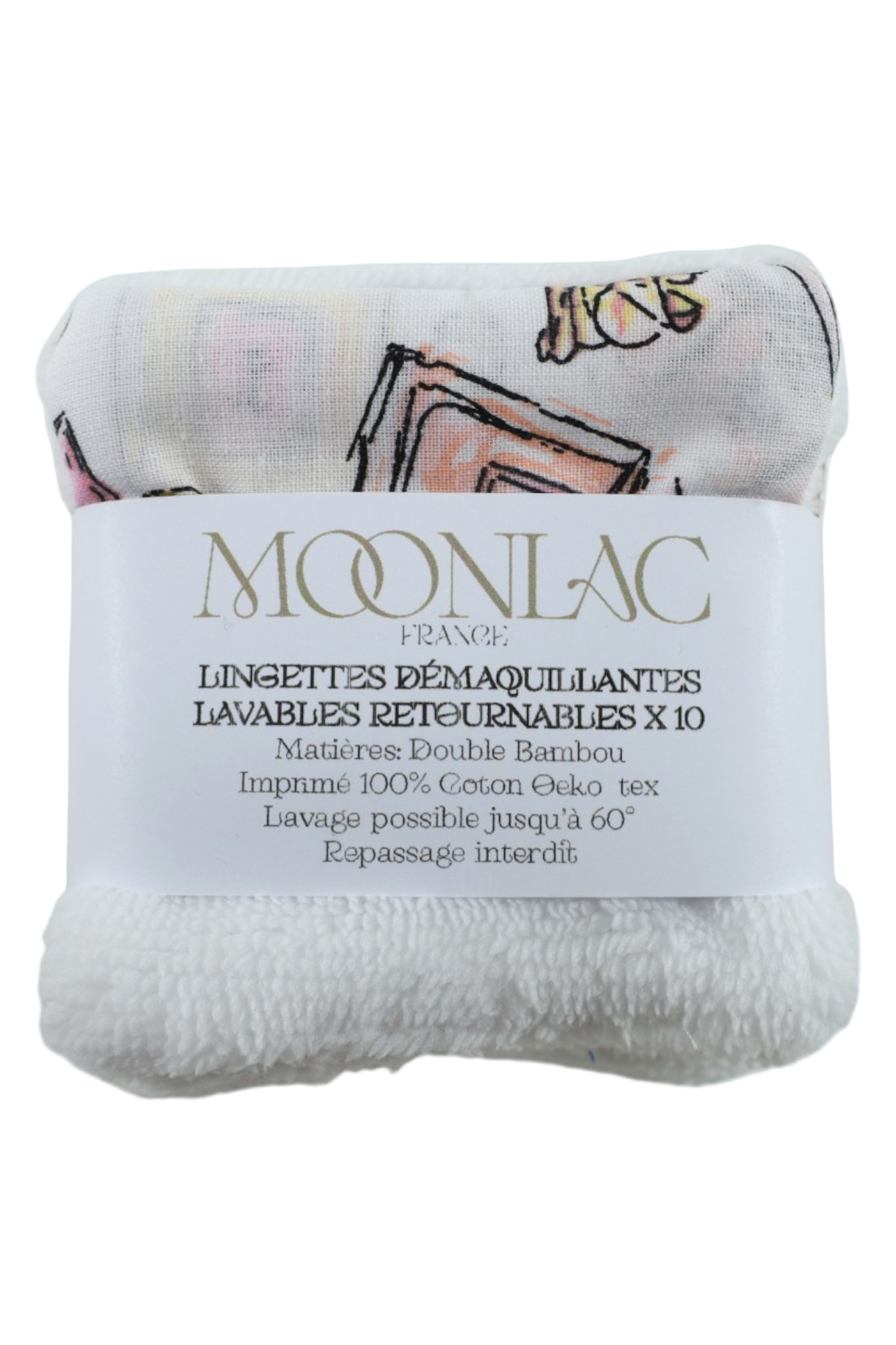 présentation de 10 lingettes double bambou lavables motif parfum moonlac