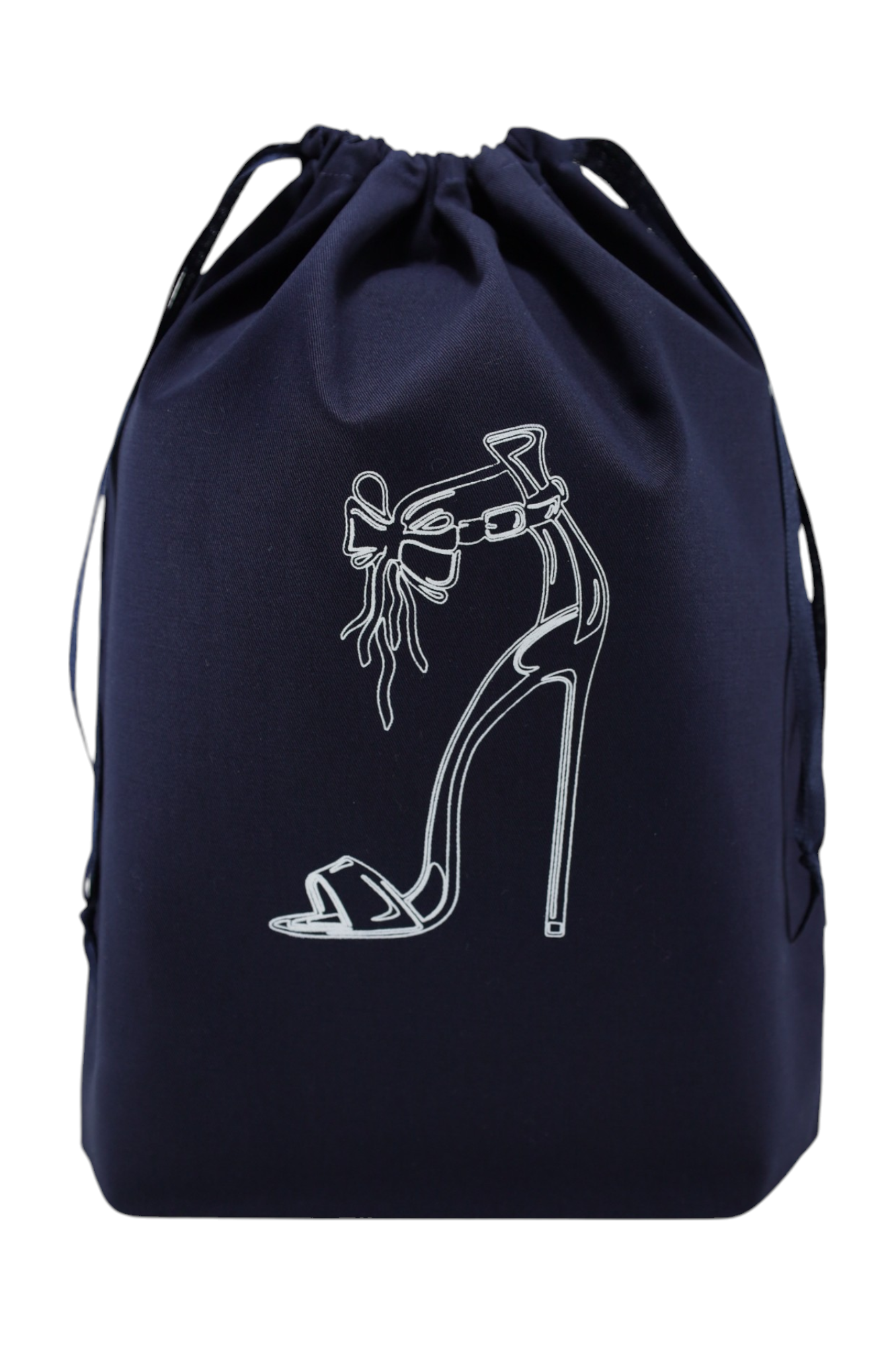 Sac à chaussures bleu marine Moonlac avec dessin de sandales à talons – rangement élégant pour chaussures de soirée ou d'été. Parfait dans votre valise cabine.