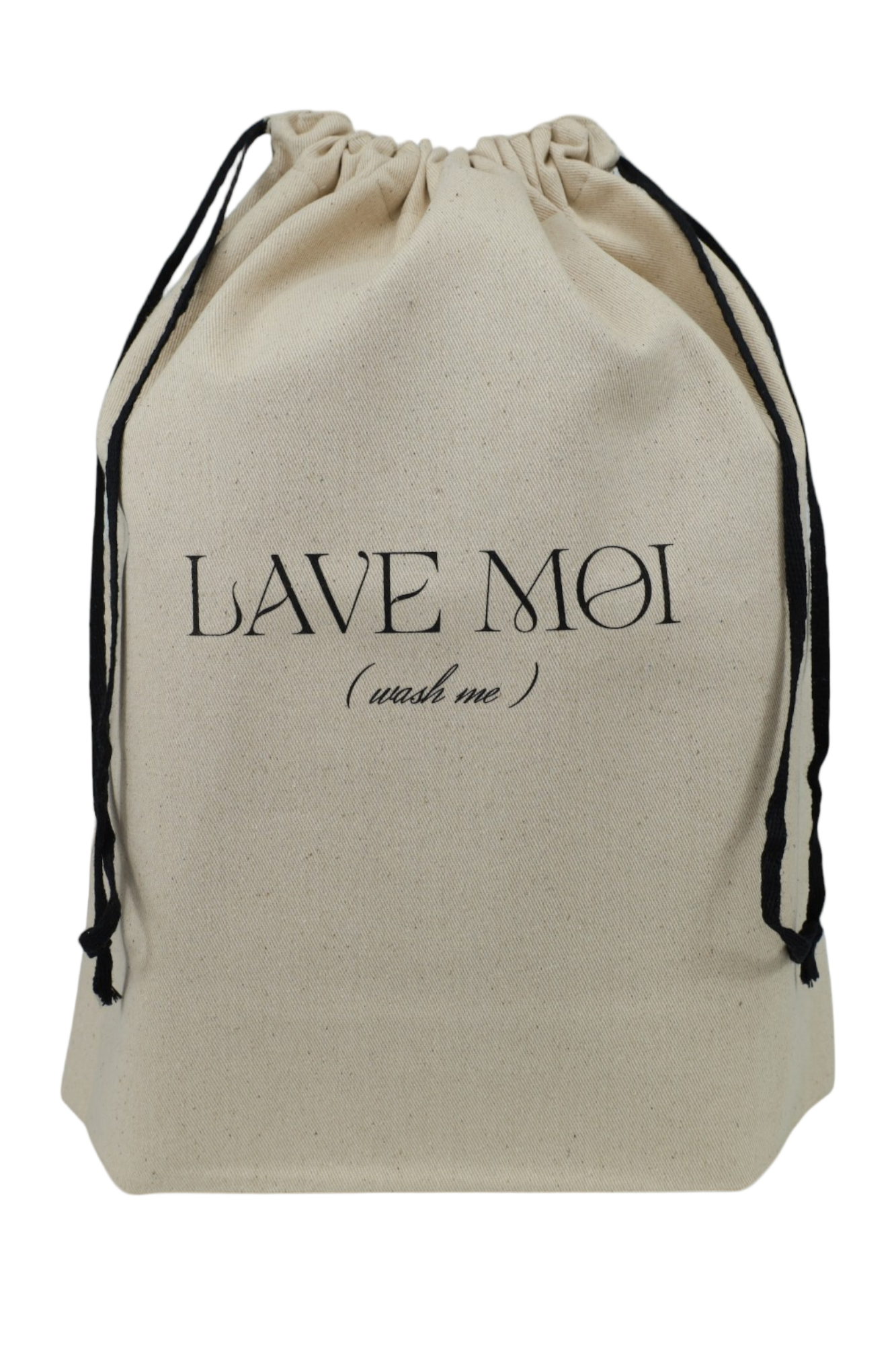 Sac Moonlac en coton écru, inscription “LAVE MOI (wash me)”, sac pour linge sale, cordons noirs, fond bleu clair pour la valise cabine