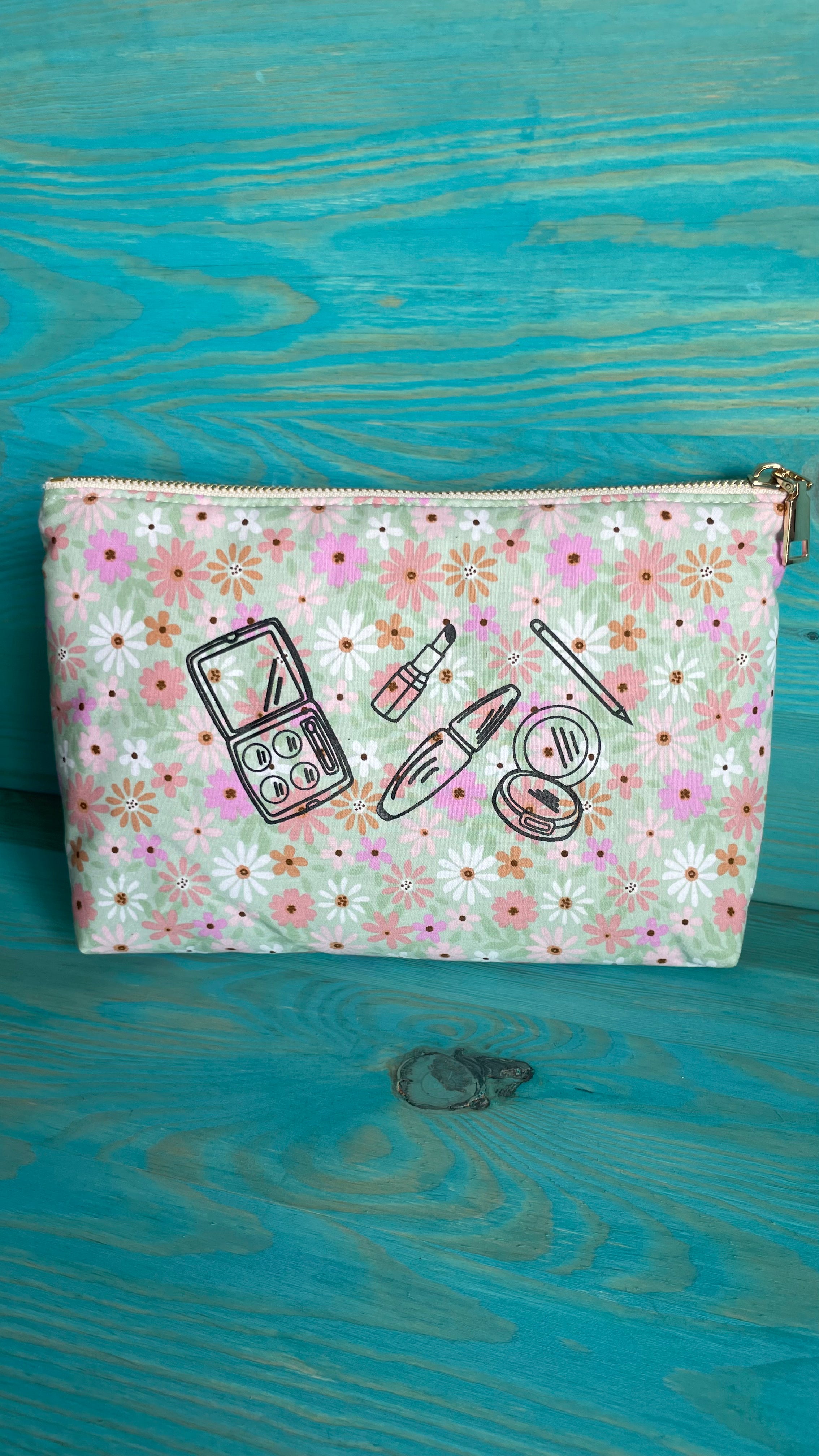 Trousse à maquillage en coton fleuri, intérieur rayé vert et blanc, deux tailles disponibles – Moonlac