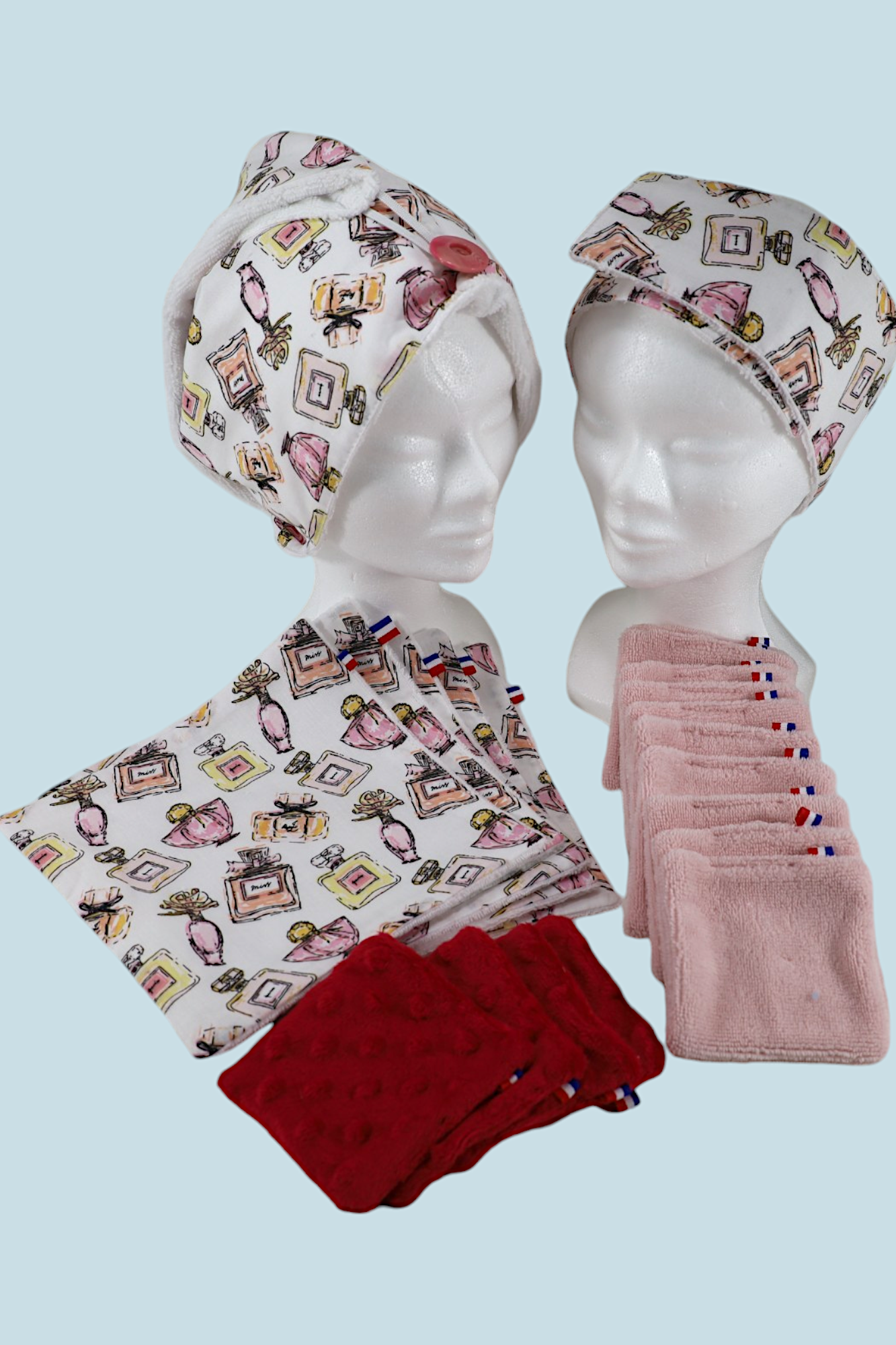 Ensemble beauté avec lingettes lavables, 4 pour le vernis, 10 en double bambou rose, 5 serviettes visage, une serviette pour  et cheveux et un bandeau Moonlac