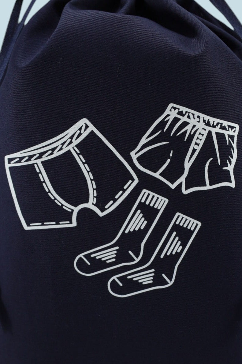 Sac bleu marine Moonlac pour caleçons et chaussettes, sérigraphie blanche, tissu en coton sergé, cordons bleu