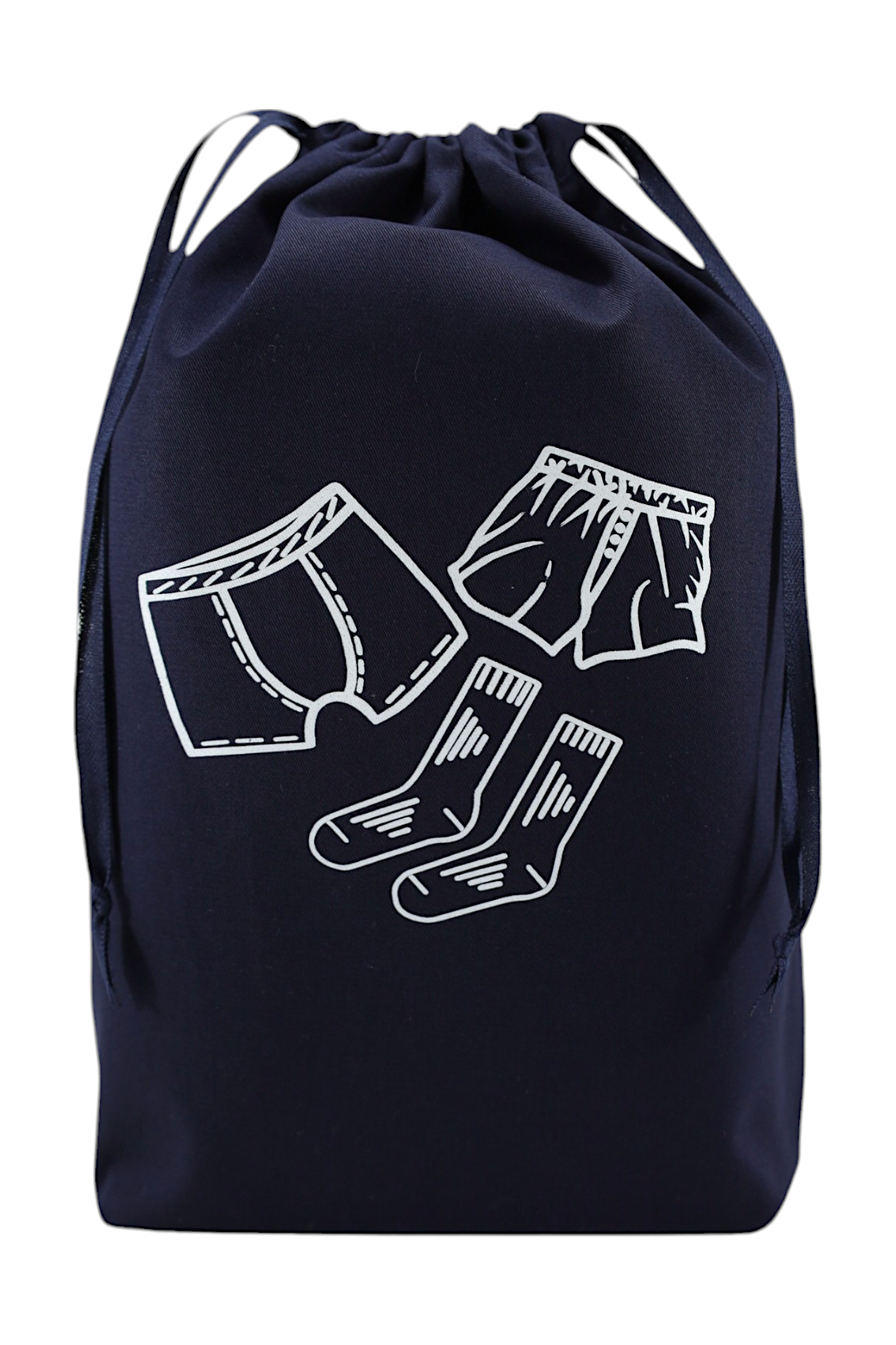 Pochon bleu marine Moonlac avec dessin de sous-vêtements homme – rangement pratique pour caleçons et chaussettes dans la valise.