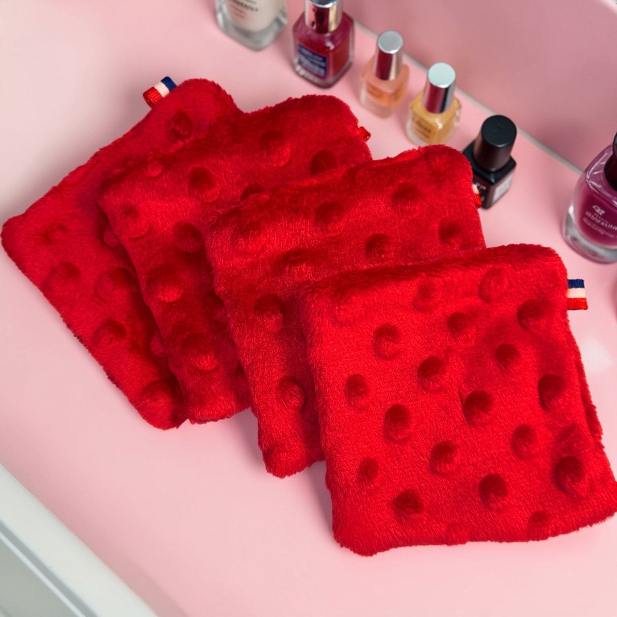 Lot 4 cotons lavables Minky rouge retrait vernis ongles fabriques en France Moonlac