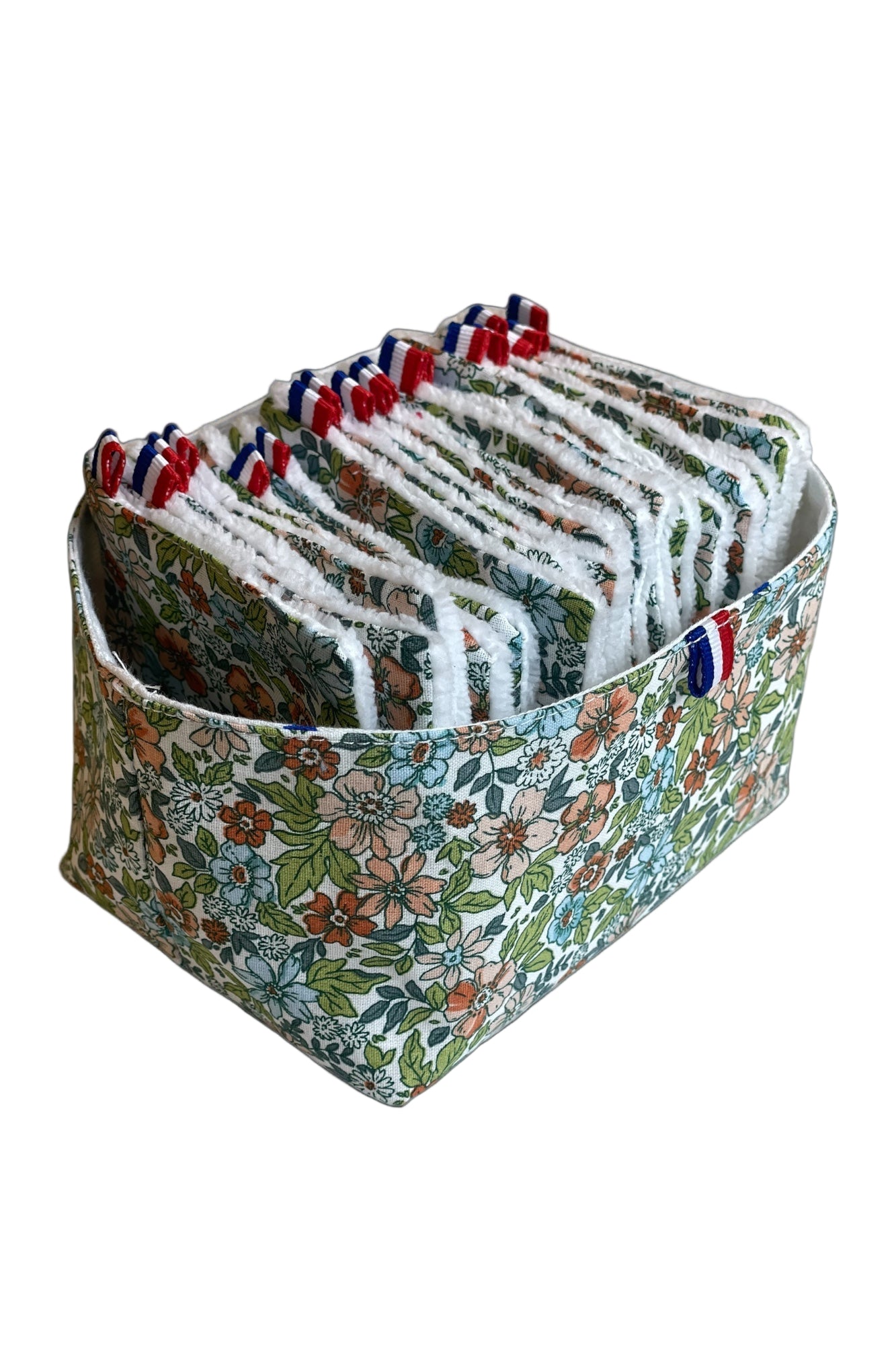 20 lingettes bambou avec panier motifs fleurs vertes moonlac. Lingettes lavables