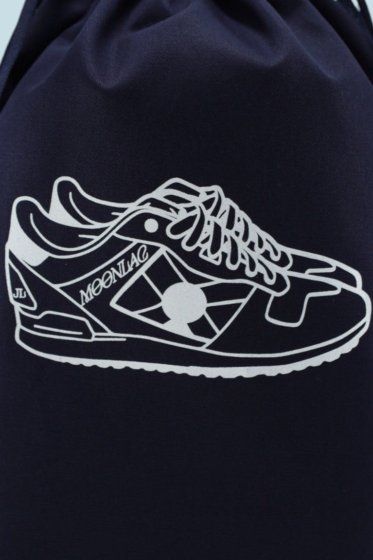 Pochon bleu marine Moonlac pour baskets – illustration blanche de sneakers avec logo Moonlac