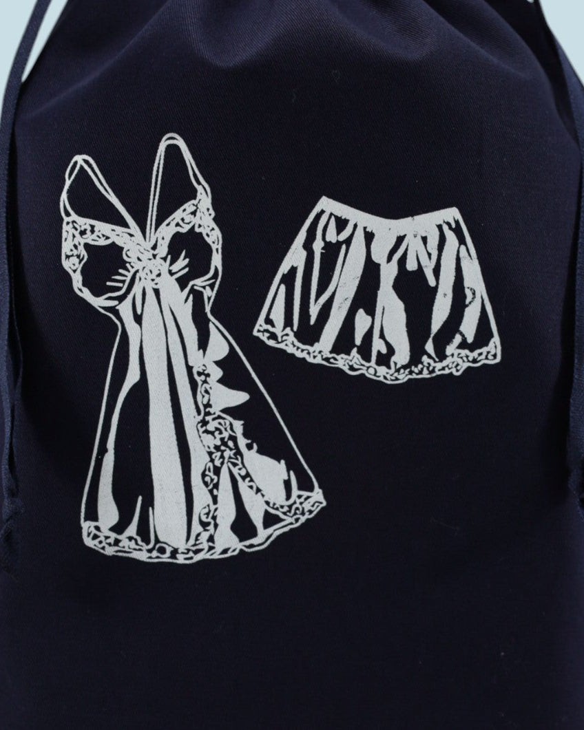 Pochon bleu marine en coton Moonlac pour nuisettes avec sérigraphie blanche, cordons bleus