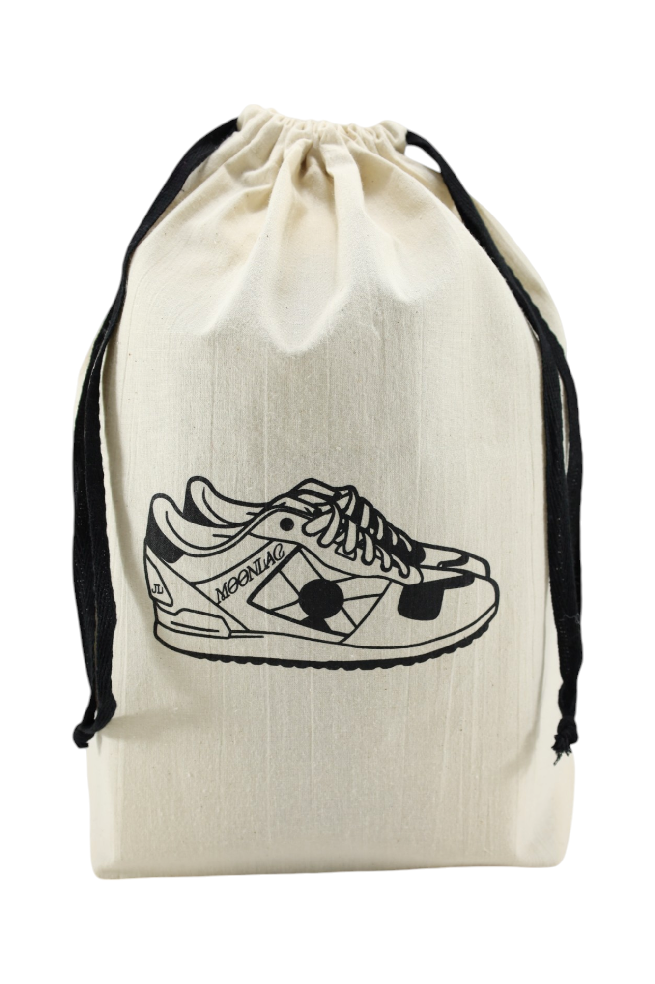 Pochon écru Moonlac avec dessin de baskets urbaines – rangement tendance pour sneakers homme ou femme en déplacement.