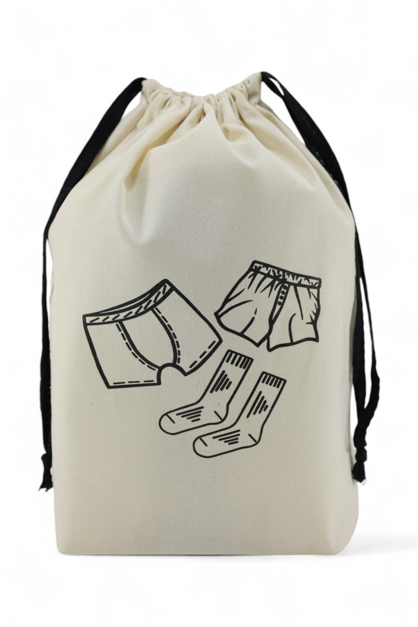 Pochon écru Moonlac avec dessin de sous-vêtements homme – idéal pour organiser caleçons et chaussettes dans la valise.