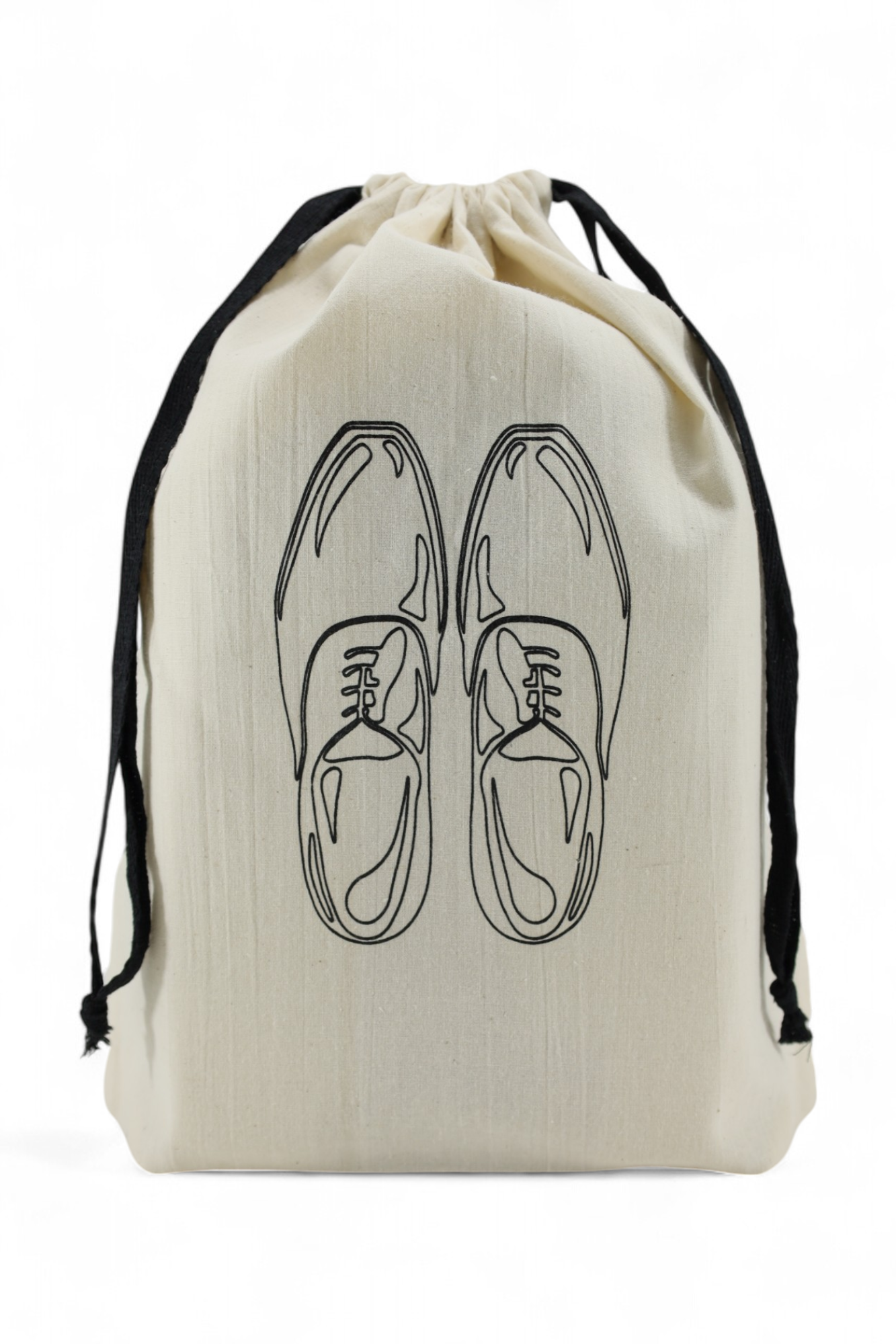 Pochon écru Moonlac avec dessin de chaussures classiques pour homme – rangement chic et protecteur pour souliers en voyage.