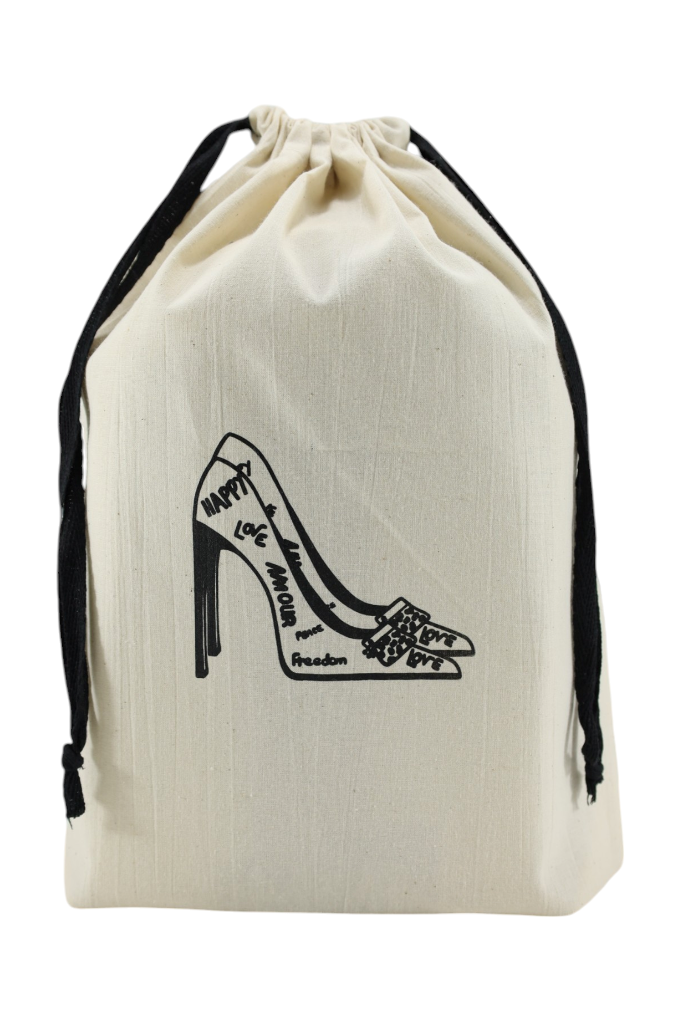 Pochon écru Moonlac avec dessin d’escarpins et inscription LOVE – rangement raffiné pour chaussures femme, idéal pour les occasions spéciales.