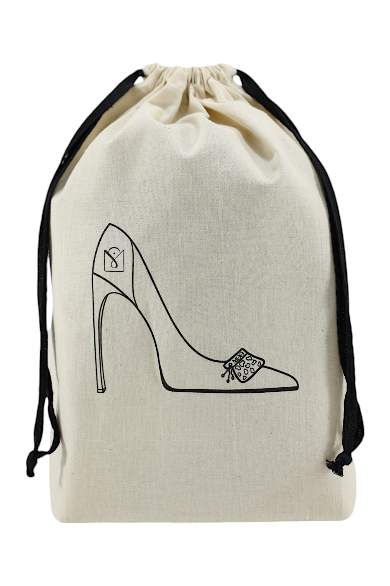 Pochon écru Moonlac avec dessin d’escarpins ornés de pierres fines – rangement élégant pour chaussures de soirée ou de cérémonie.