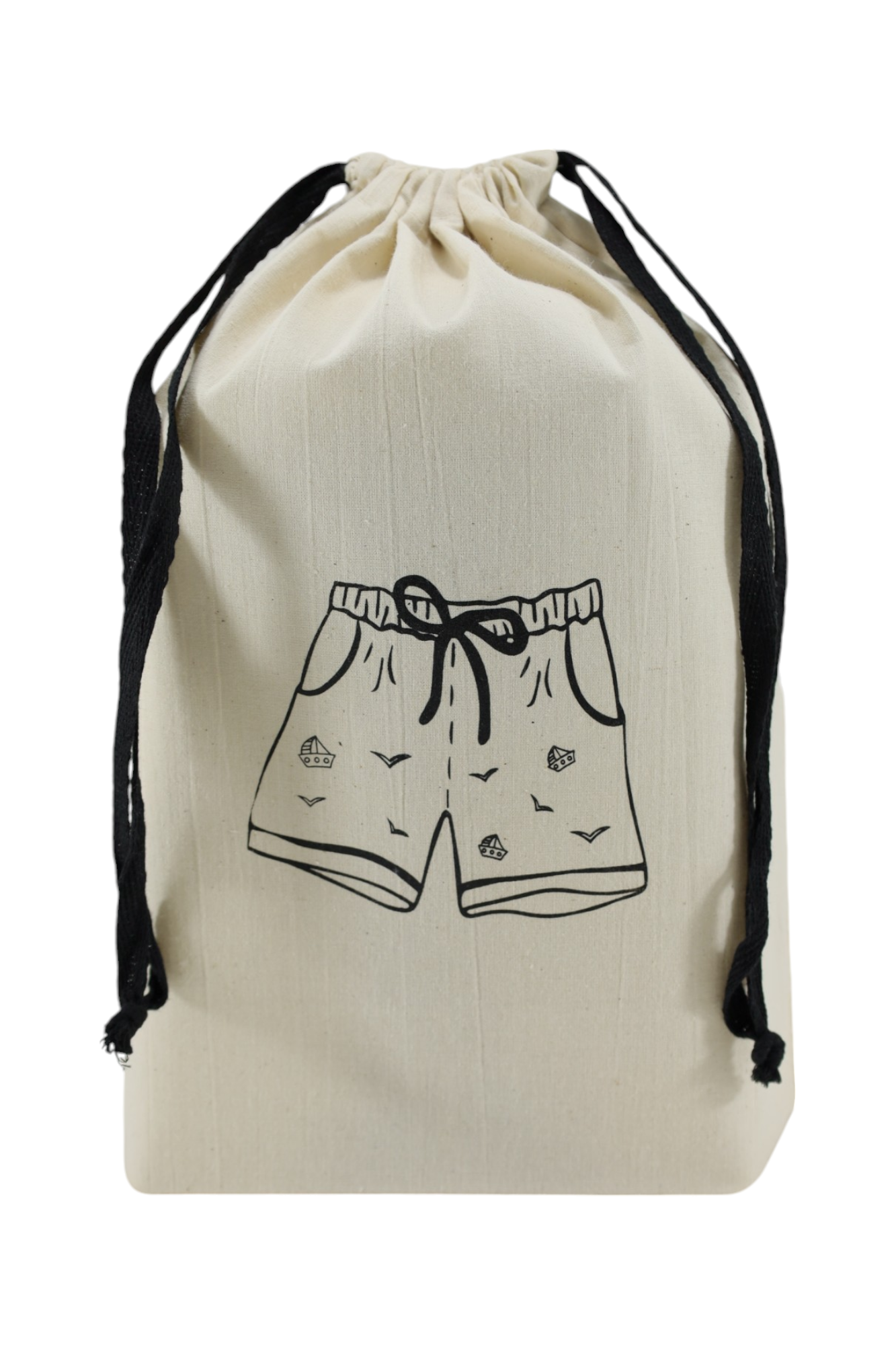 Pochon écru Moonlac avec dessin de maillot de bain homme – rangement pratique pour la plage ou la piscine.