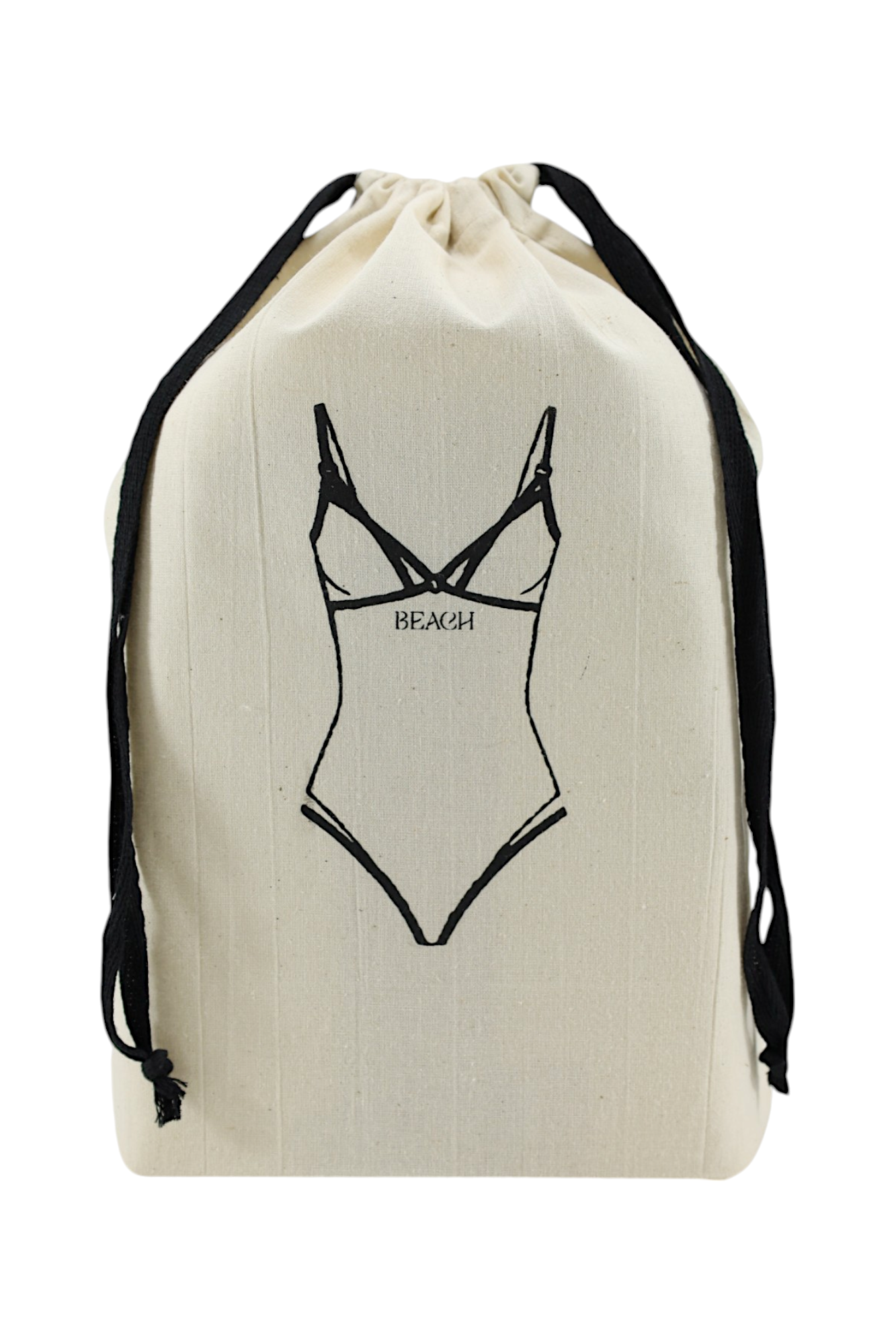Pochon écru Moonlac avec dessin de maillot une pièce femme – rangement élégant pour la plage ou la piscine.