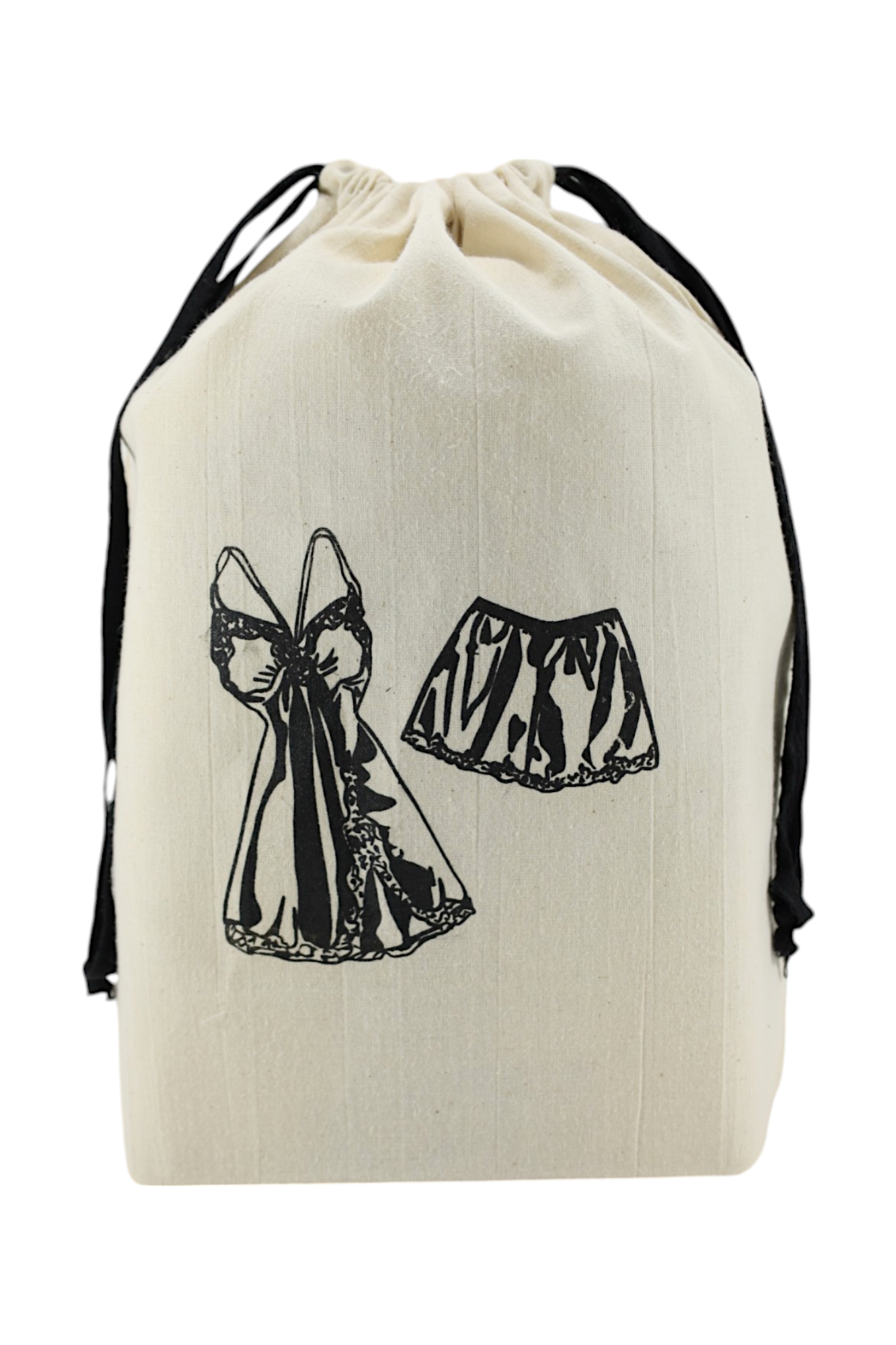 Pochon écru Moonlac avec dessin de nuisette – parfait pour protéger vos tenues de nuit délicates dans la valise.