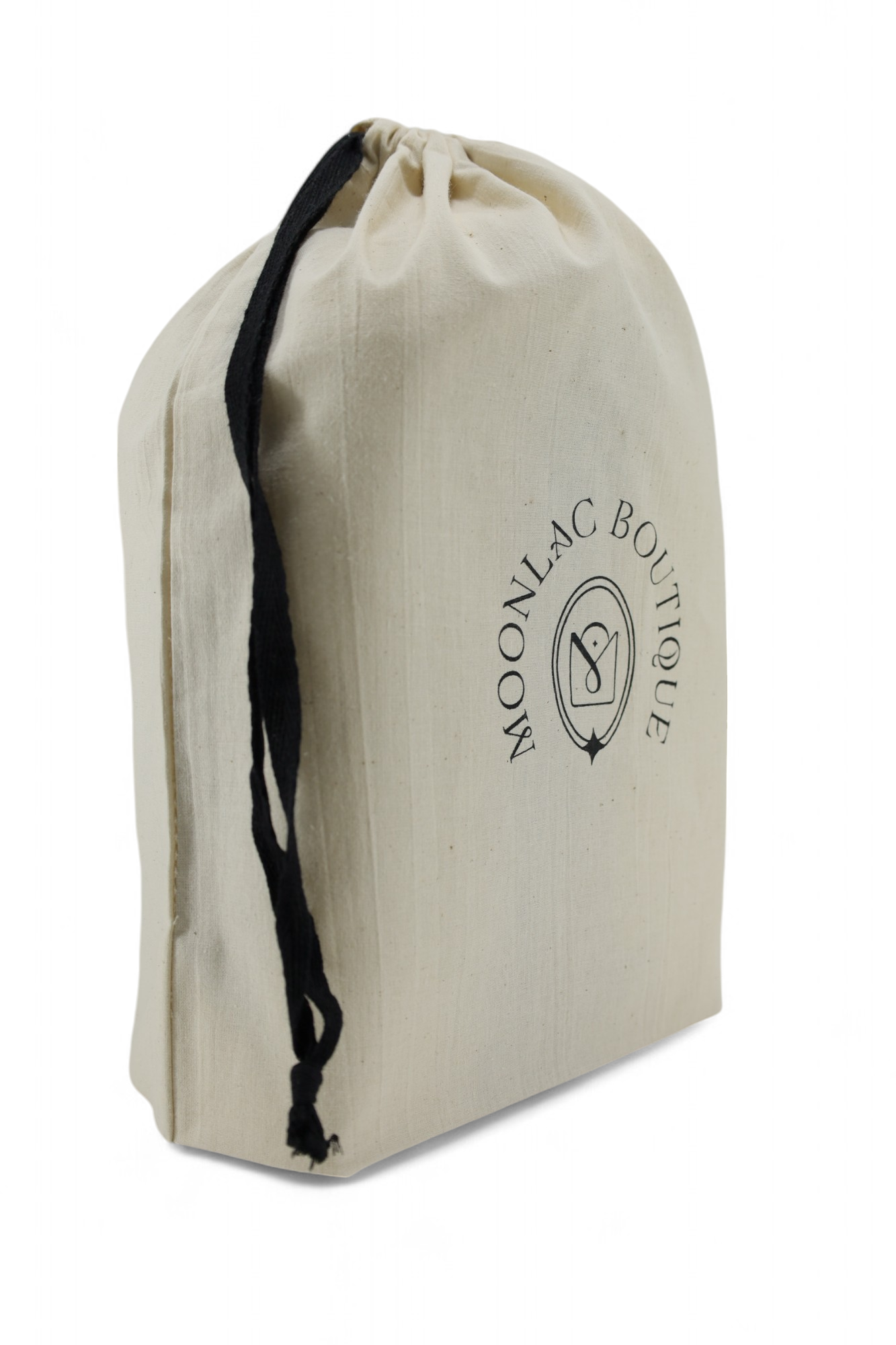 Pochon écru Moonlac vu de profil avec logo visible – mise en valeur de la marque et des finitions soignées du produit.
