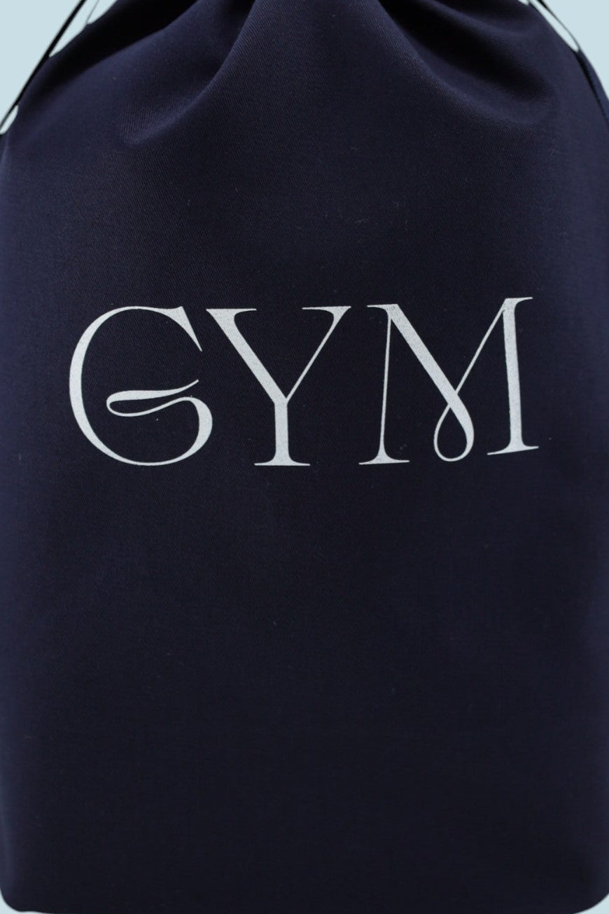 Pochon bleu marine pour gym Moonlac en coton avec inscription GYM sérigraphiée en blanc