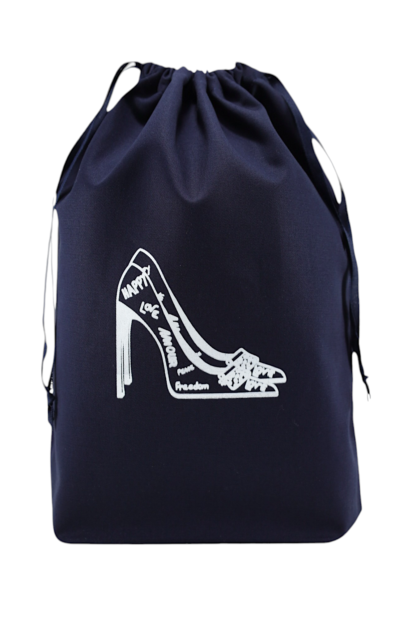 Pochon bleu marine Moonlac avec dessin d’escarpins et inscription LOVE – rangement raffiné pour chaussures féminines en voyage ou soirée.