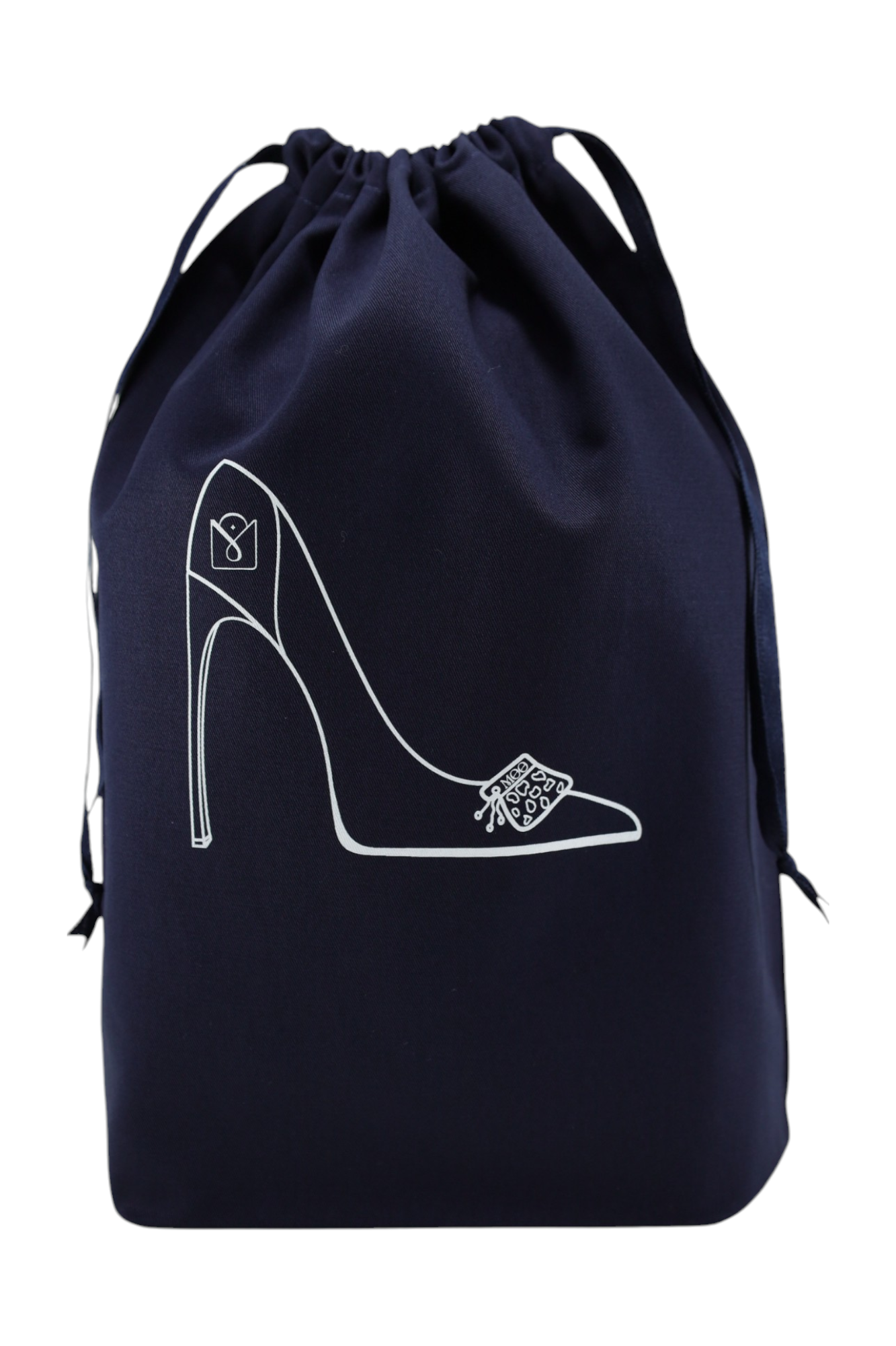 Pochon bleu marine Moonlac avec dessin d’escarpins ornés de pierres fines – rangement chic pour chaussures de soirée ou de cérémonie.
