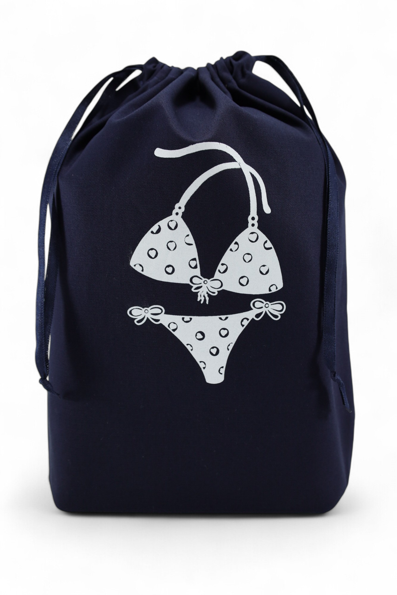 Pochon bleu marine Moonlac avec dessin de maillot de bain deux pièces – rangement stylé pour bikinis ou ensembles de plage.