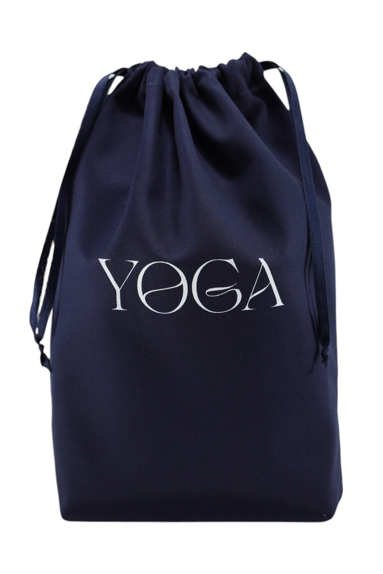 Pochon bleu marine Moonlac avec dessin d’accessoires de yoga – idéal pour ranger une tenue, une sangle ou une petite serviette de sport.