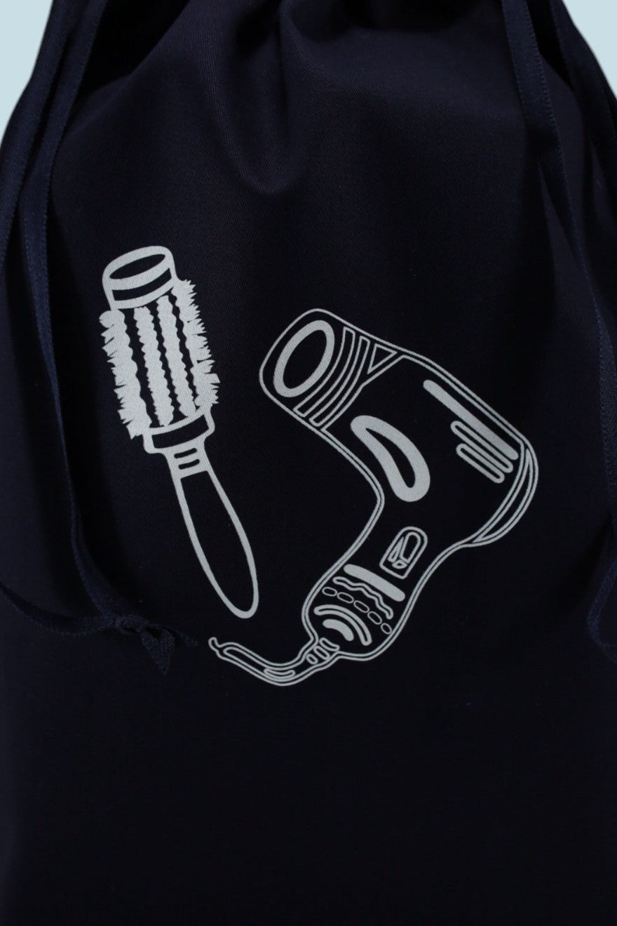 Sac bleu marine Moonlac avec sérigraphie sèche-cheveux et brosse – rangement coiffure